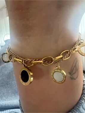 Gold-Tone Charm Chain Bracelet with Black and White Discs